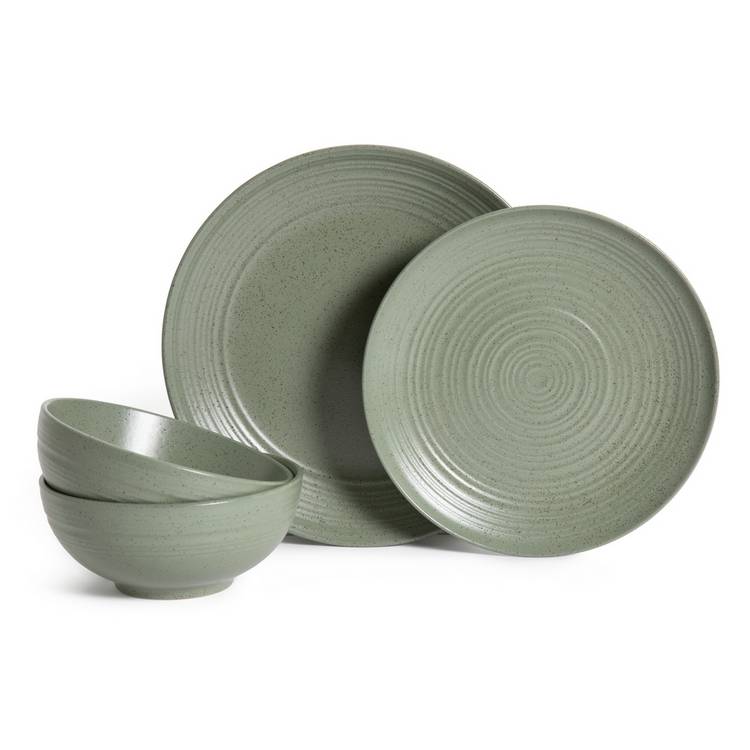 Habitat Textured Ripple 12 Piece Stoneware Dinner Set - Sage