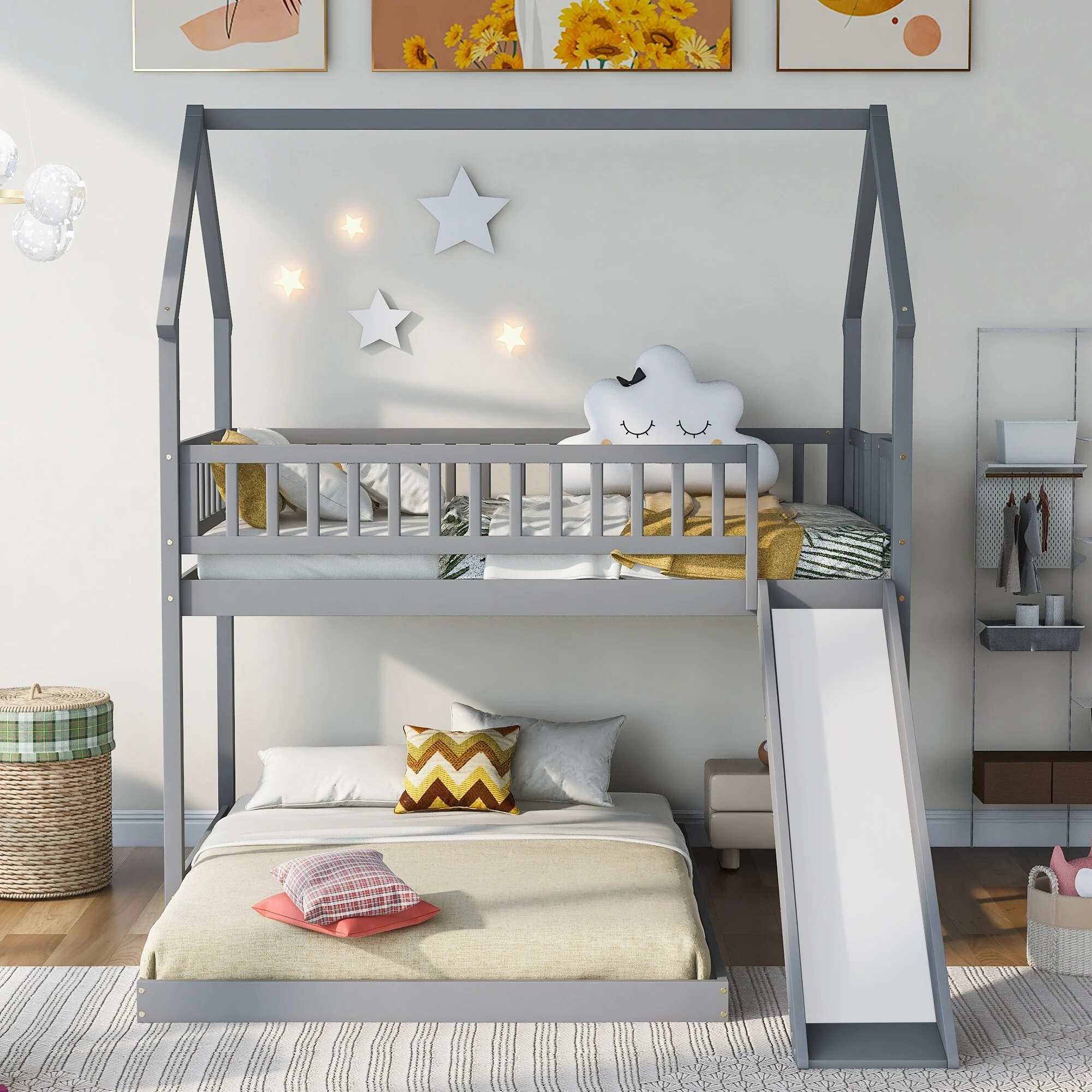 Kids' Twin Over Full Bunk Bed with Roof Design, Slide, and Built-in Ladder