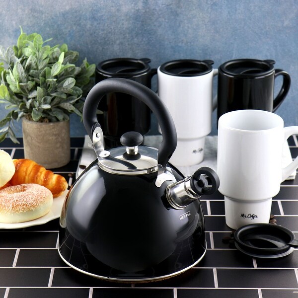 Mr. Coffee 9Pc Whistling Tea Kettle and Travel Mug Set Black and White