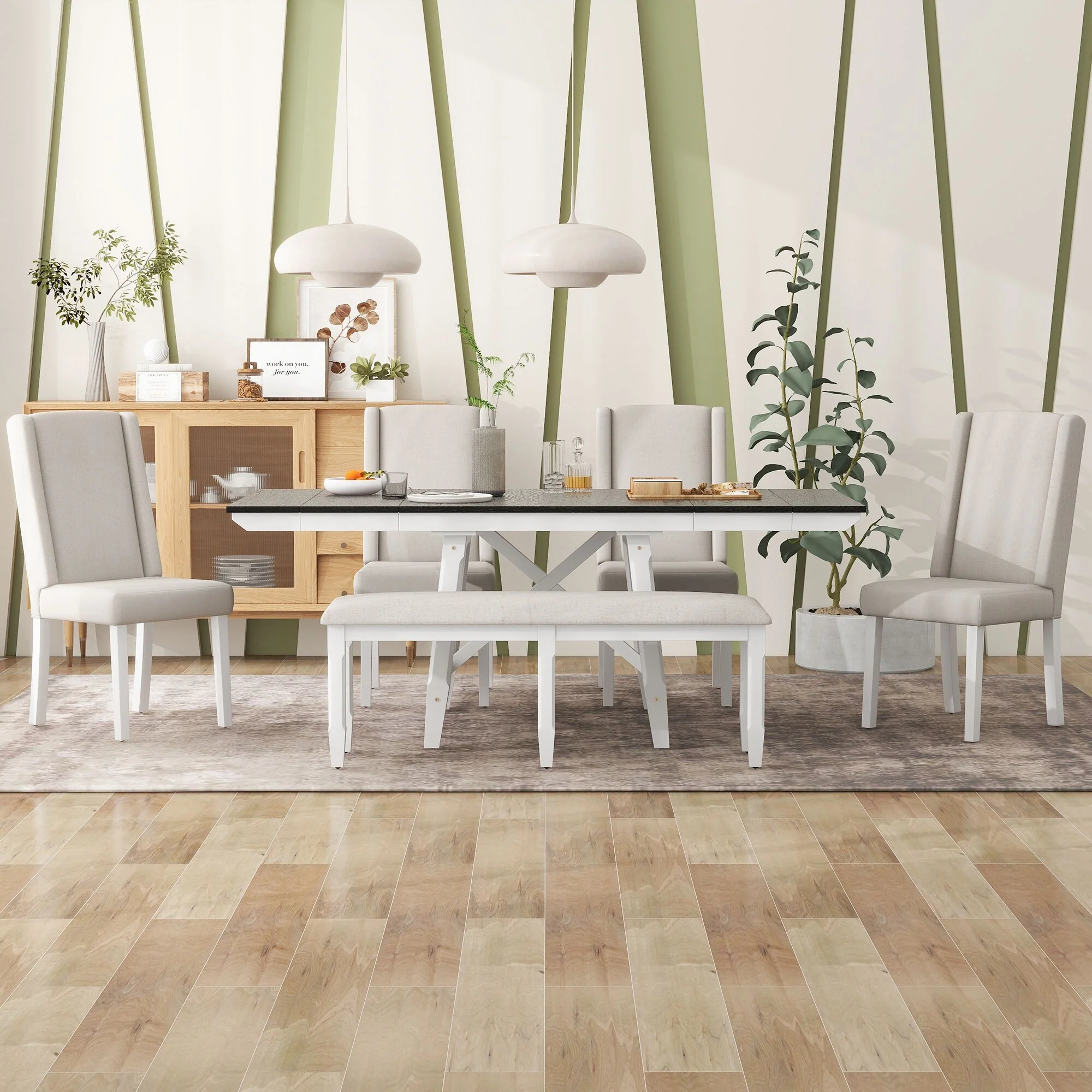 White+Black 6-Piece Wooden Dining Table Set with Extendable Rectangular Table, 4 Chairs & Bench