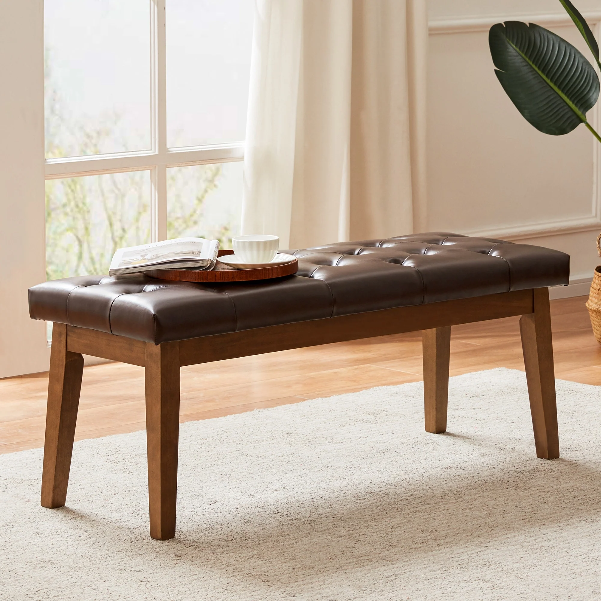 Button-Tufted Bench for End of Bed, Entryway Bench Beige/ Black/ Brown Solid Wood, Leather, Fabric 44-inch