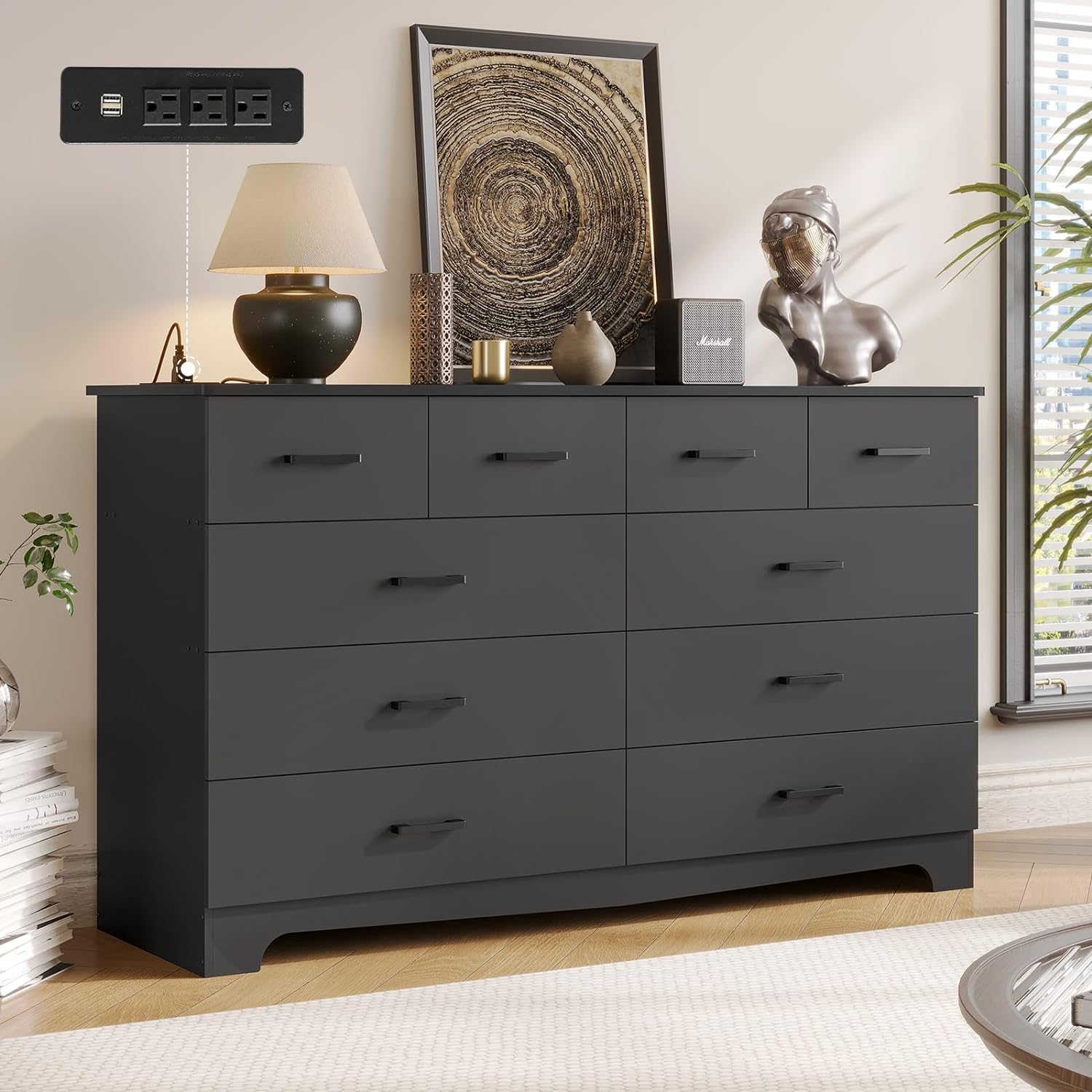 DICTAC Black Dresser for Bedroom with 10 Drawers, Large Chest of Drawers Storage Organizer, Long Dresser TV Stand with Power Outlets, Wide Dressers for Bedroom, Living Room 55.1 W x 32.3 H x 15.8 D