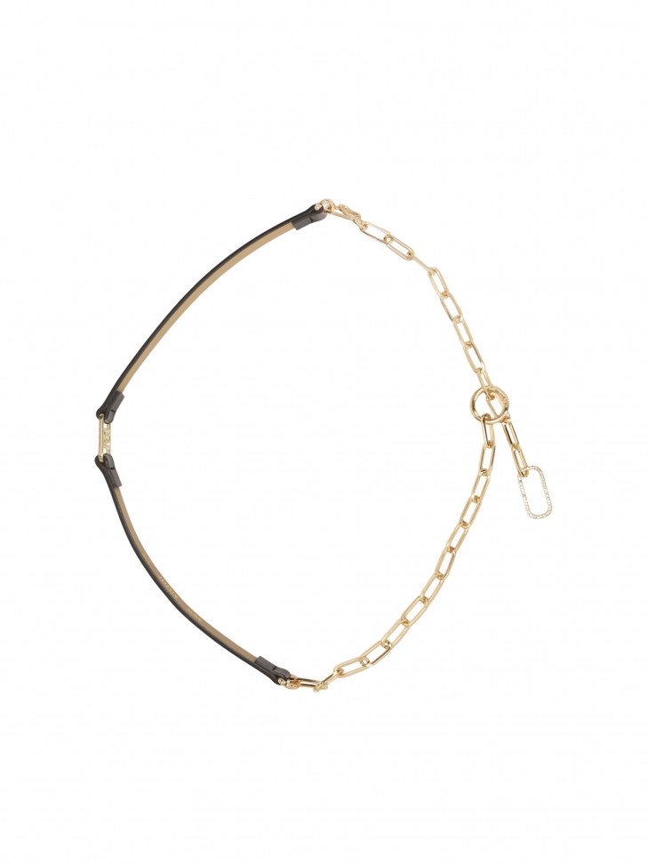 Narrow black belt with gold chain