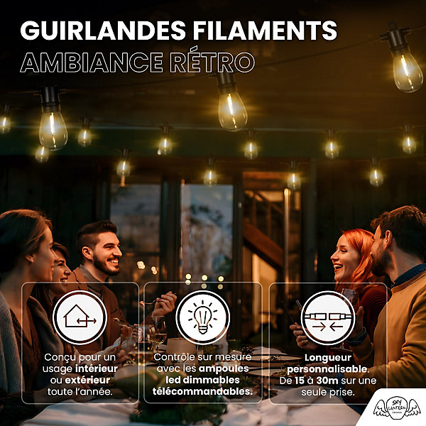 Guirlande Guinguette IP65 LED 15M 15 Bulbes Filament AllongéDimmables Avec Télécommande