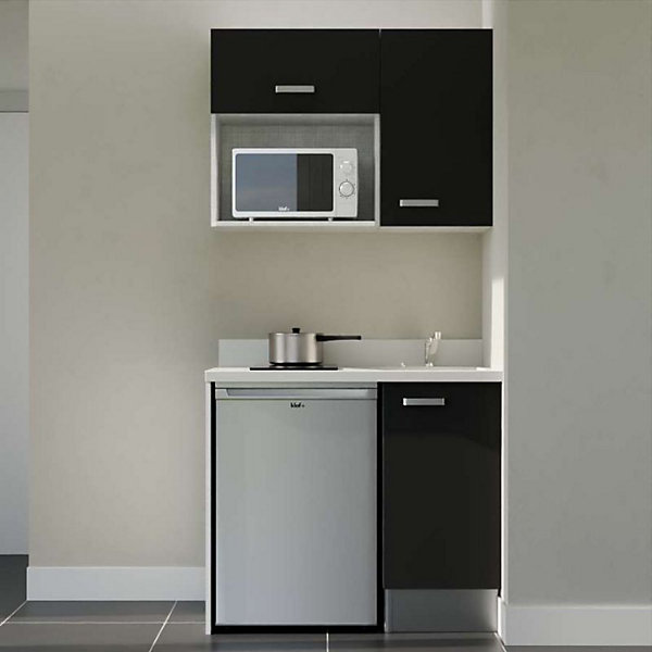 Kitchenette K00 - 100 cm - façades Noir - Plan monobloc en quartz coloris Snova évier à droite - Electroménager Inox