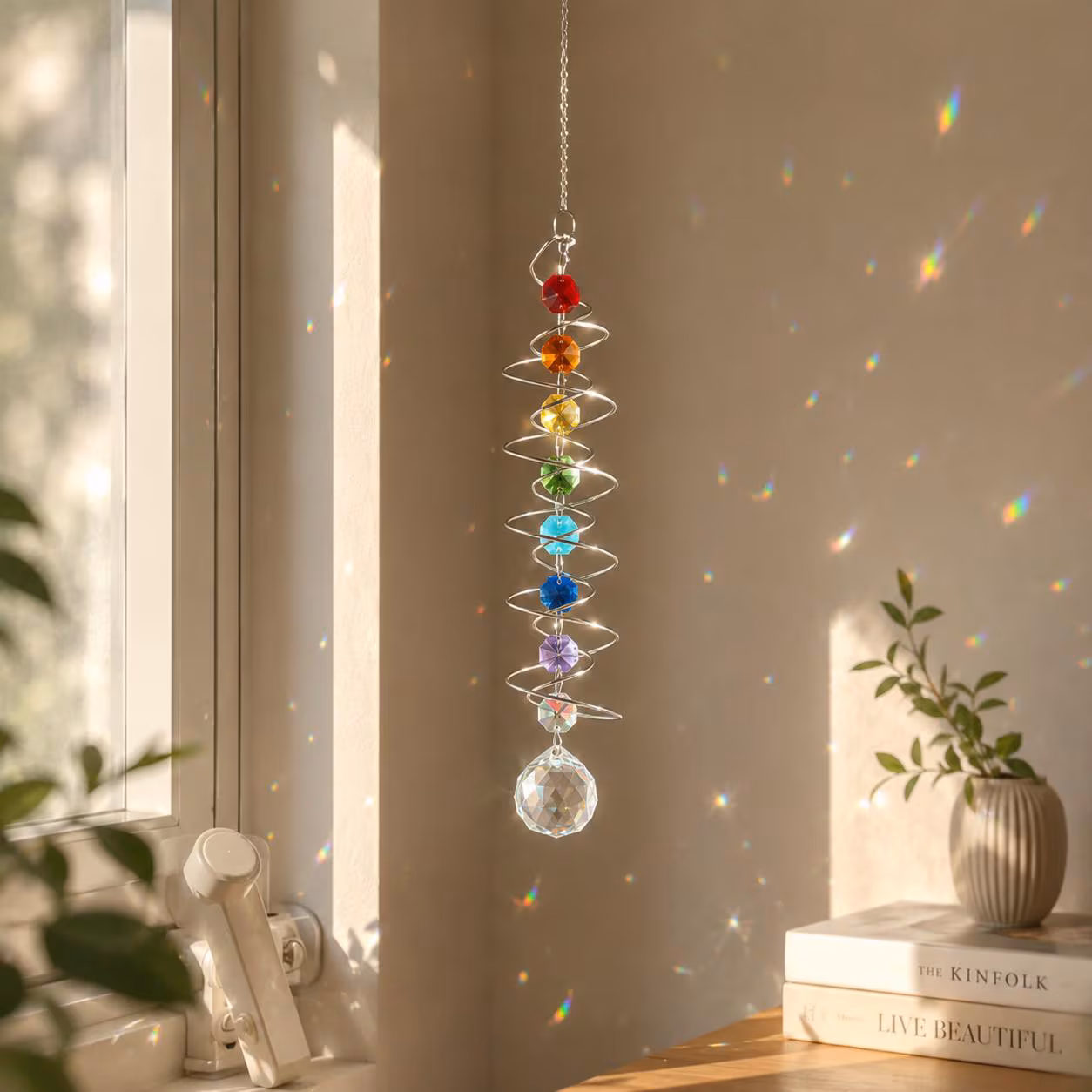 Rotating Rainbow Crystal Suncatcher, Kinetic Hanging Mobile, Alloy Glass Light Catcher