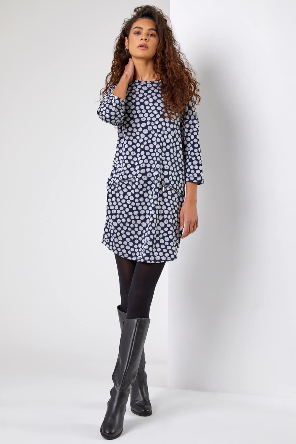 Roman Spot Print Zip Pocket Jersey Dress