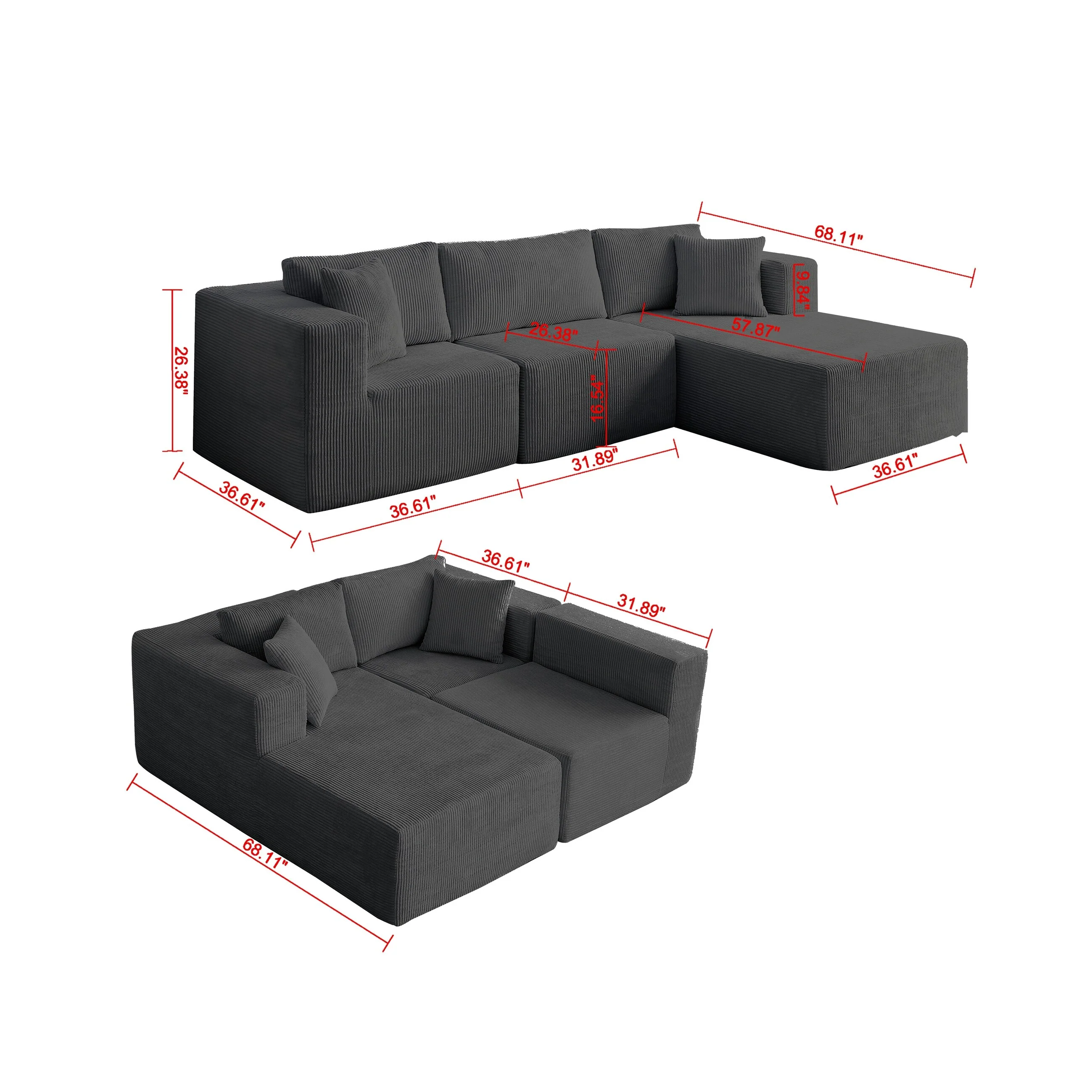 Sectional Sofa and Module, Mid-Century Modern L Shaped Couches 3-Seat Sofa Grey Right