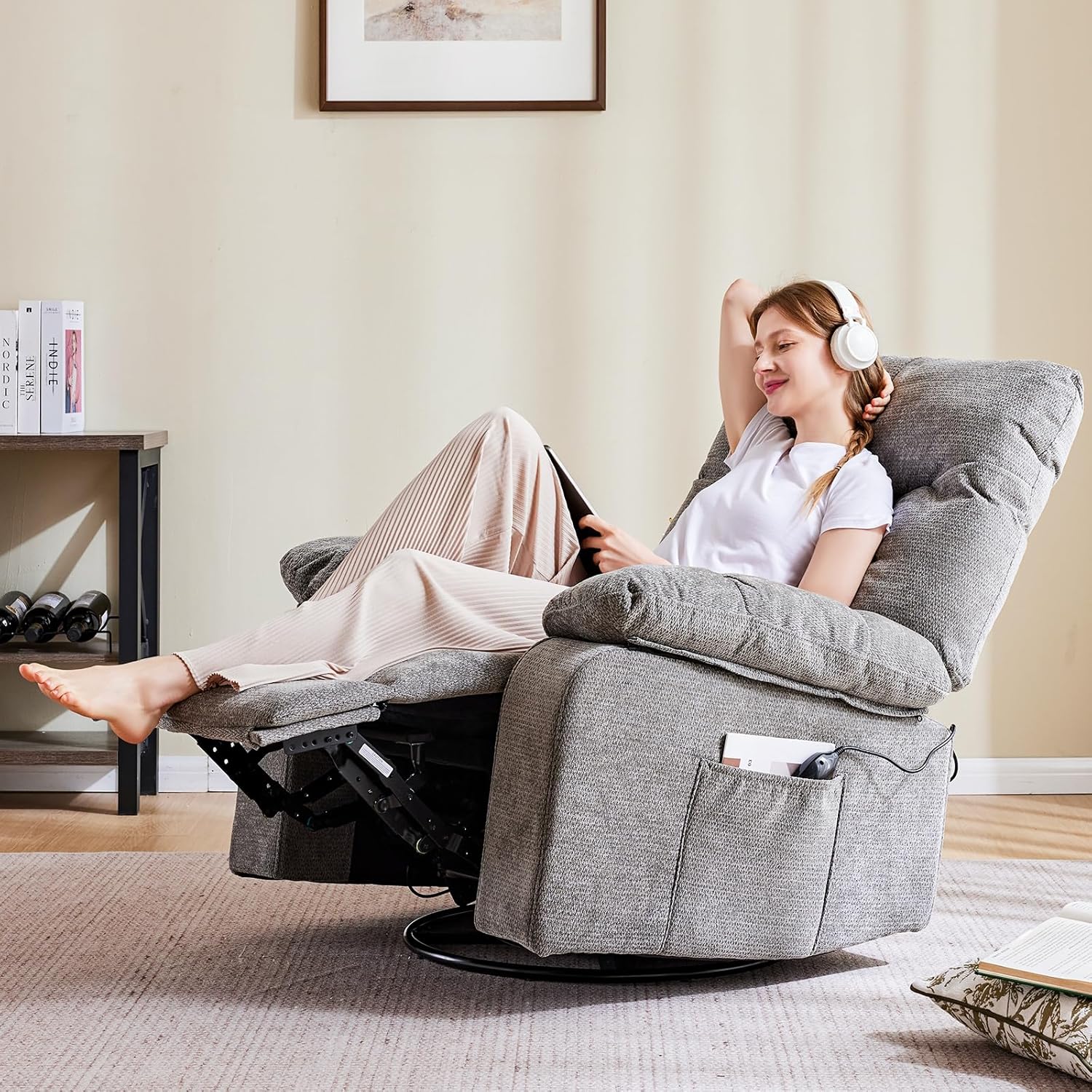DUMOS Rocker Recliner Chair, Swivel Recliner with Vibration Massage & Lumbar Heating, 270° Rotating Chenille Fabric Recliner with footrest for Living Room & Bedroom, Grey
