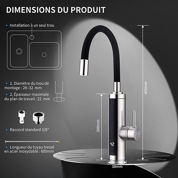 Mitigeur Cuisine Electrique Instantane Affichage Temperature Pivotant Flexible Monocommande Acier Inoxydable pour Cuisine