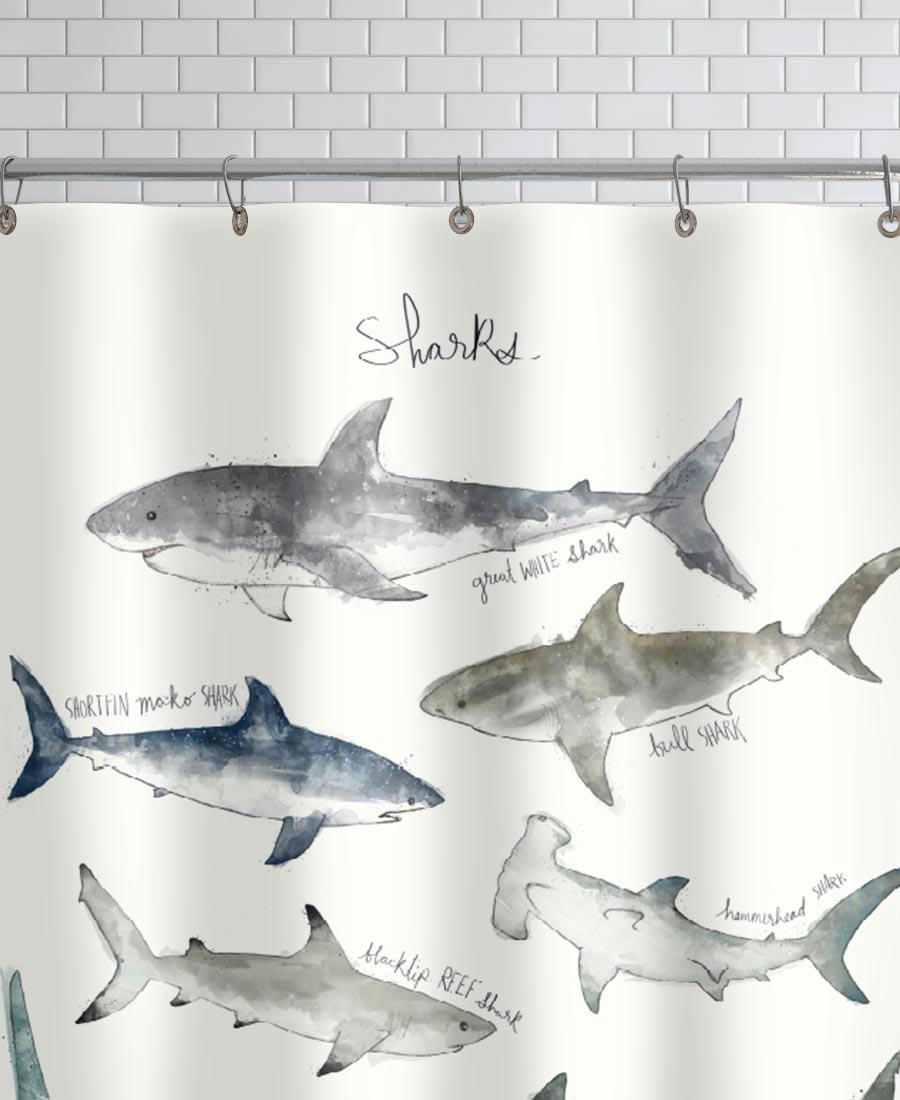 SHARKS - Rideau de douche en polyester en blanc ivoire & bleu 150x200
