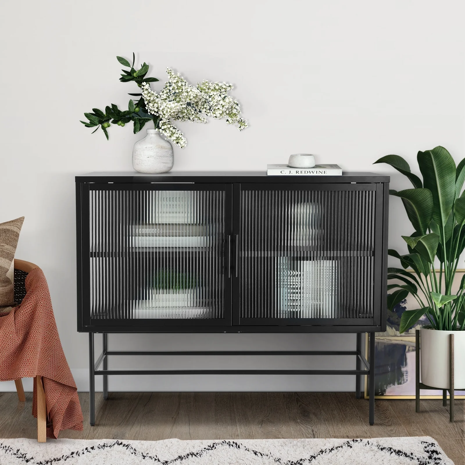 Double Tampered Glass Door Storage Cabinet with Adjustable Shelf