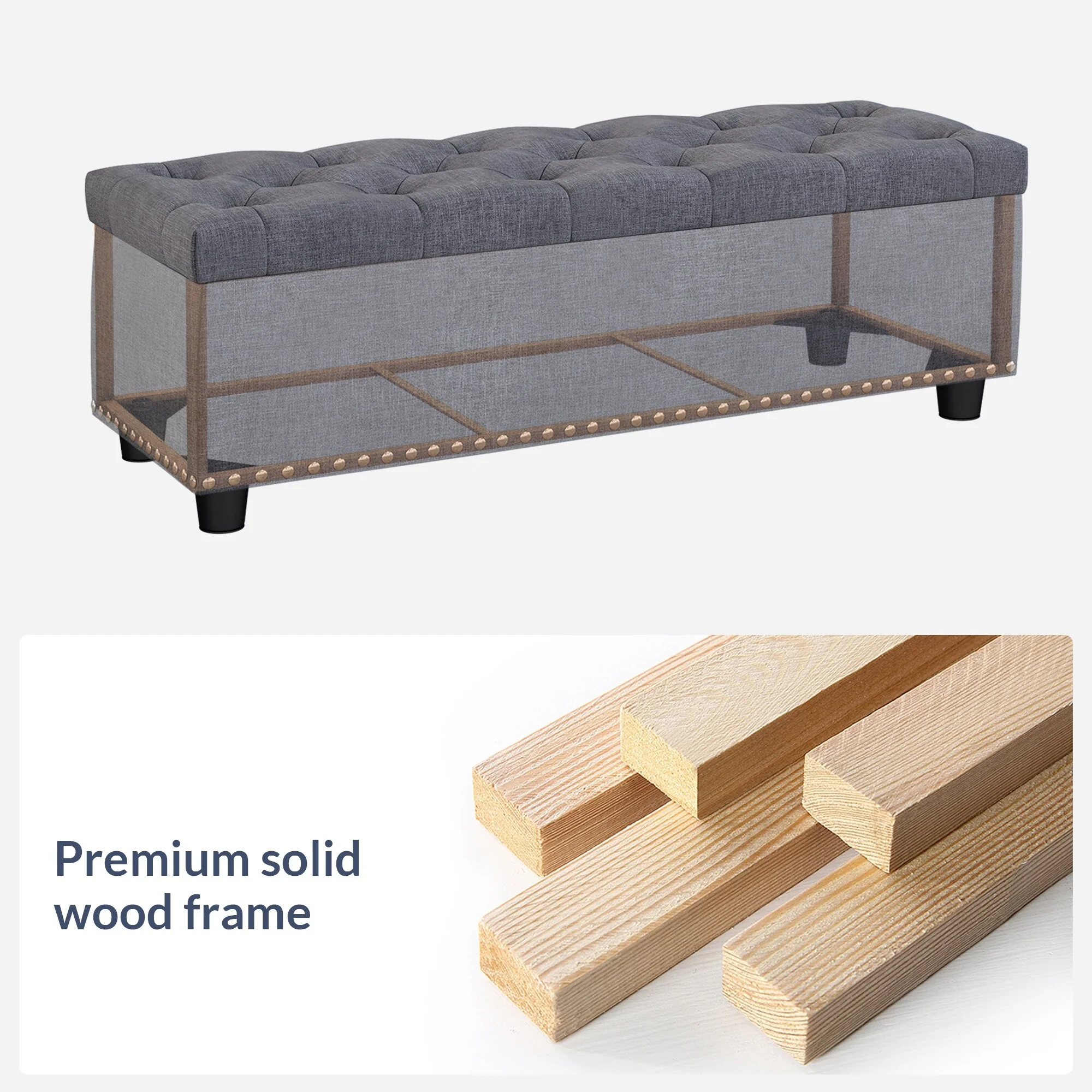 Belleze 47 Rectangular Gray Storage Fabric Ottoman Bench Lift Top - Grey