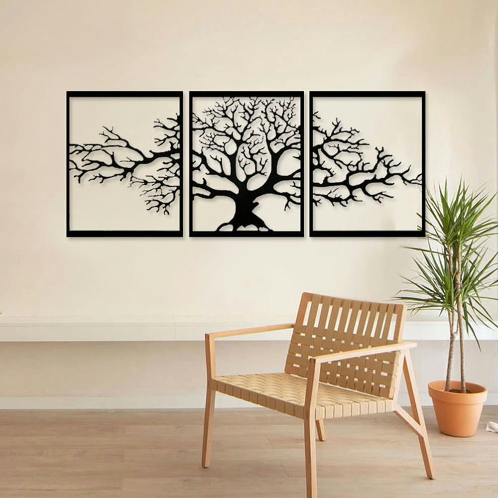 - Déco murale triptyque arbre de vie en métal noir 117x48 cm