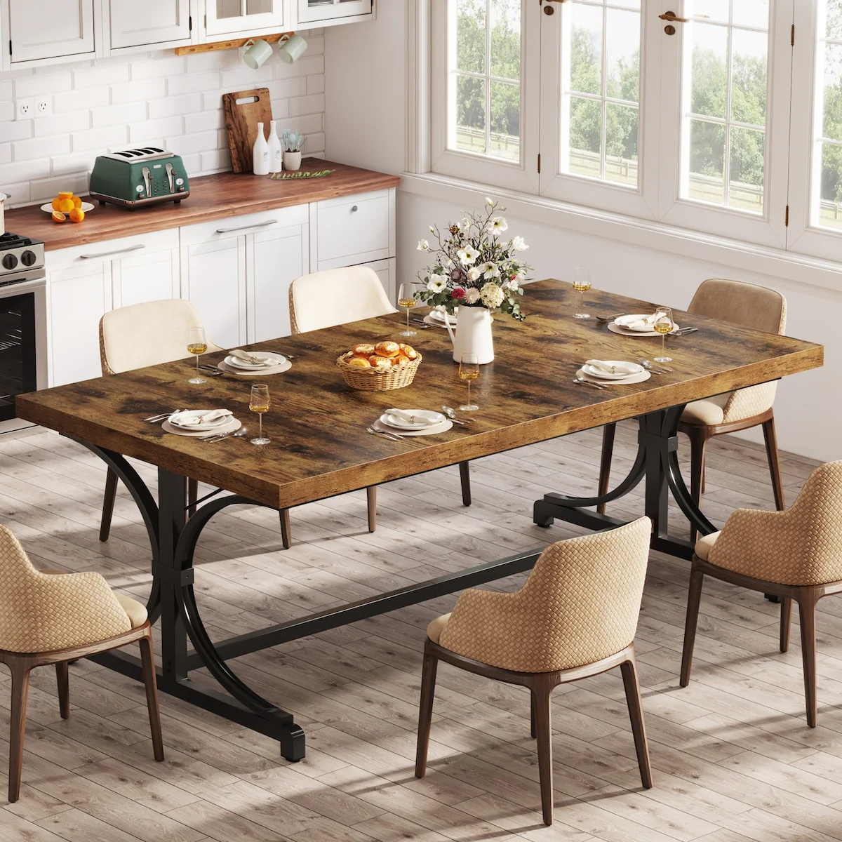 62.4 inches Dining Table for 4-6, Wood and Metal Dinner Table, Black and Brown