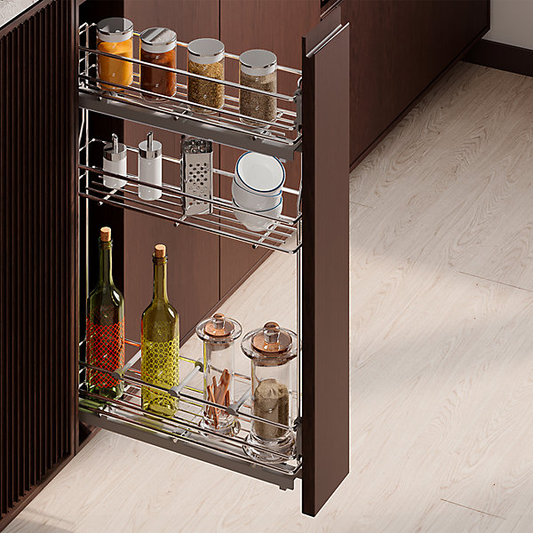 Emuca porte-bouteilles extractible SupraMax avec fermeture à amortie, gauche, 3 plateaux, module 150mm, Acier, Chromé