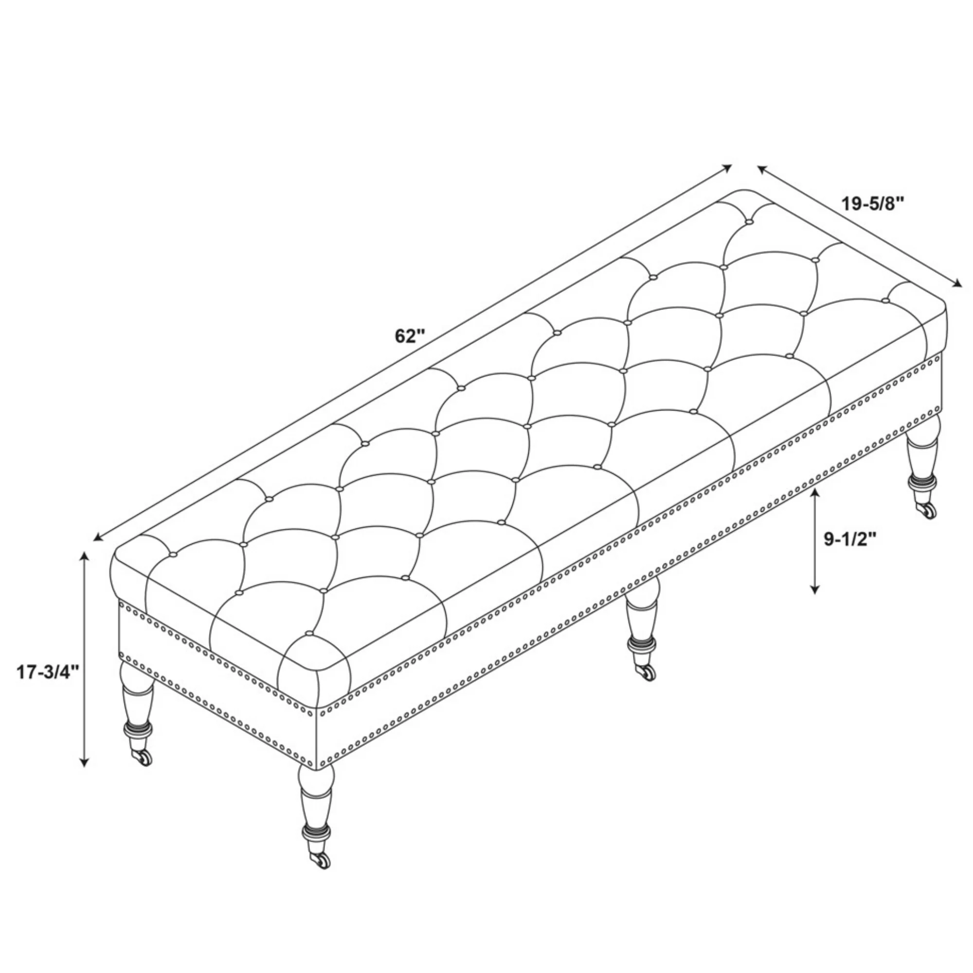 Upholstered Bench with Wheels - 62 - Pink