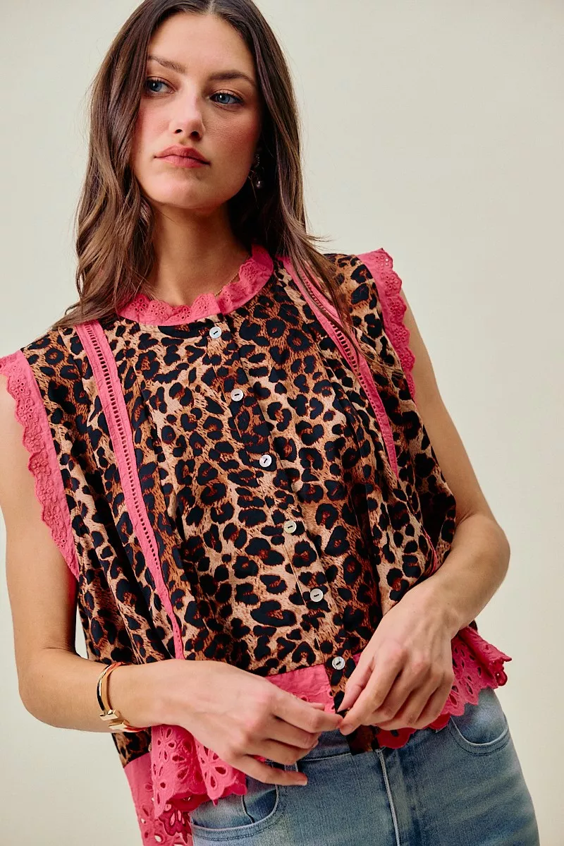 Leopard Button Up Pleated Sleeveless Blouse