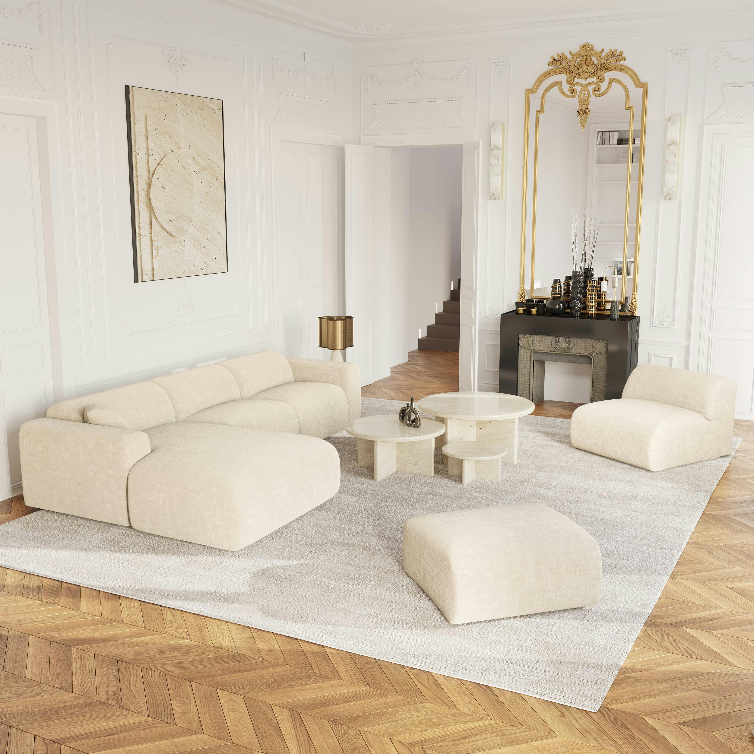 MYRA - Canapé grand angle gauche velours texturé crème