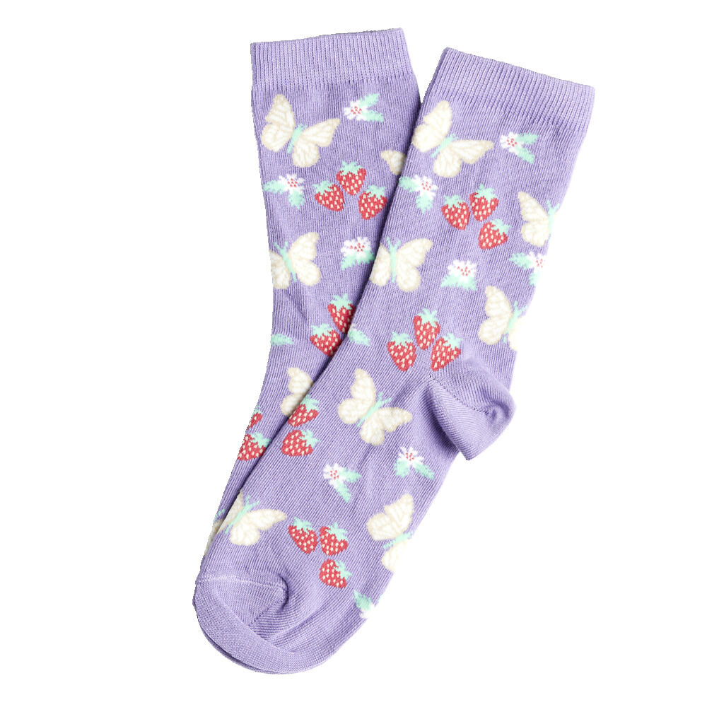 Chaussette femme polycoton tige longue violet motif fraise et papillon T36/40