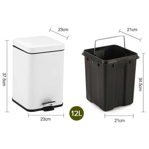 SOGA 2X Foot Pedal Stainless Steel Square Trash Bin White 12L