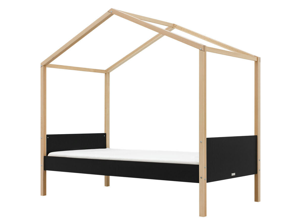 LIAM - Lit maison 90x200 en MDF et hêtre noir mat