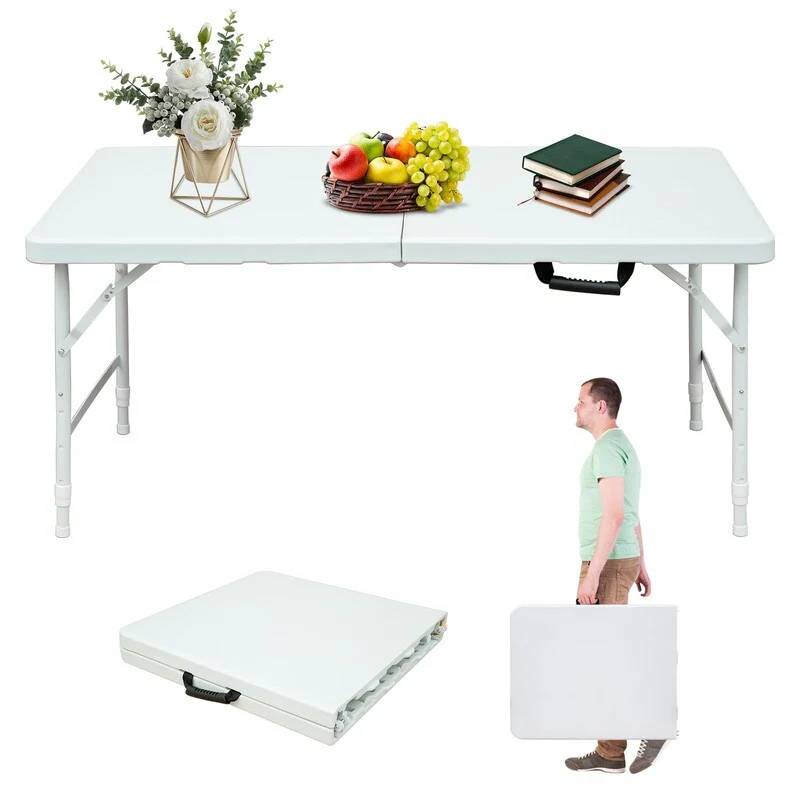 Portable Folding Table, Height Adjustable Plastic Folding Table with Carrying Handle for Camping and Indoor/Outdoor Parties