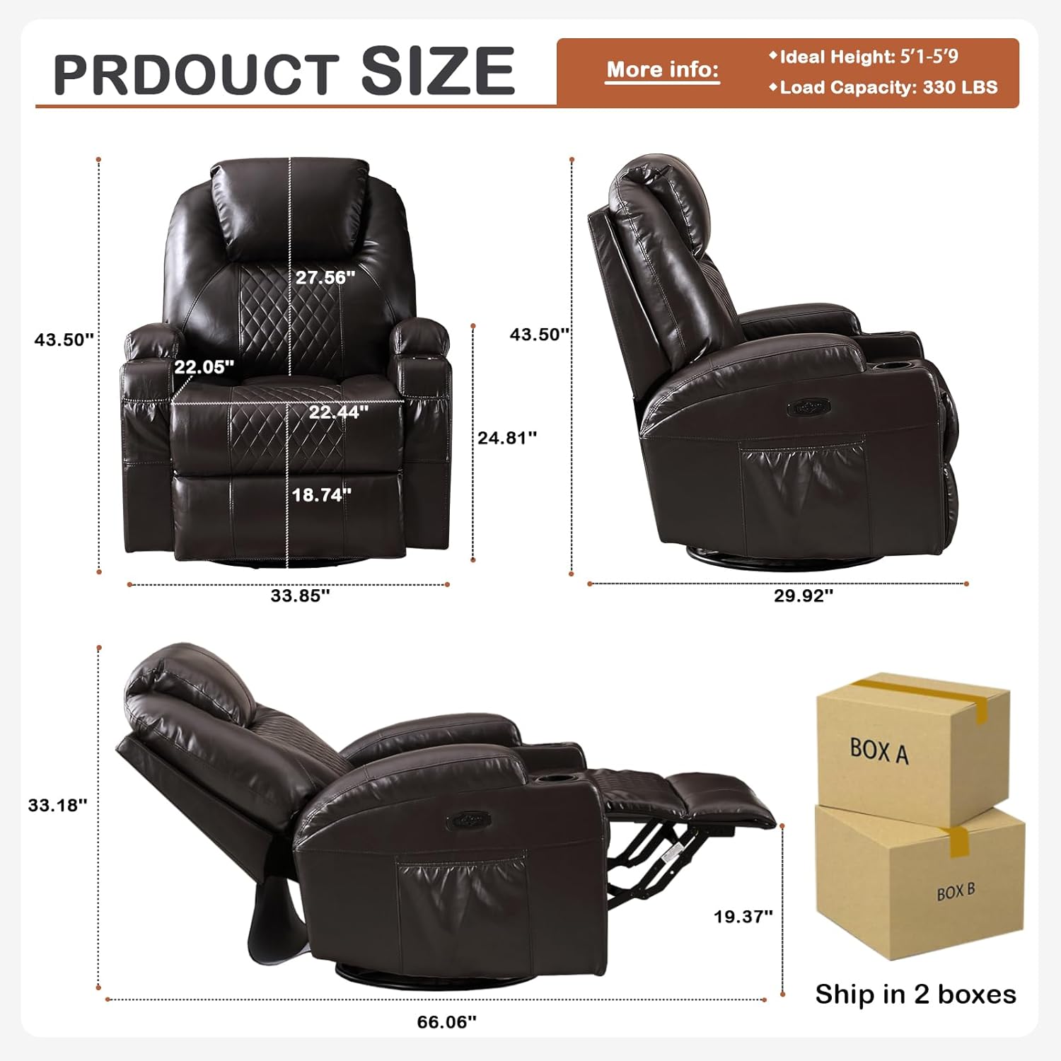 Power Swivel Rocker Recliner Chair for Adults - Rocking Recliner with Heat and Massage/Cup Holder/LED Lights/USB & Type-C Ports/Side Pocket for Living Room (PU Brown, 1-Seater)