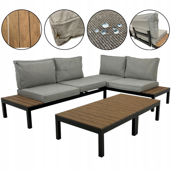Komplet mebli do ogrodu narożnik modułowy aluminiowy drewno Ibiza szary