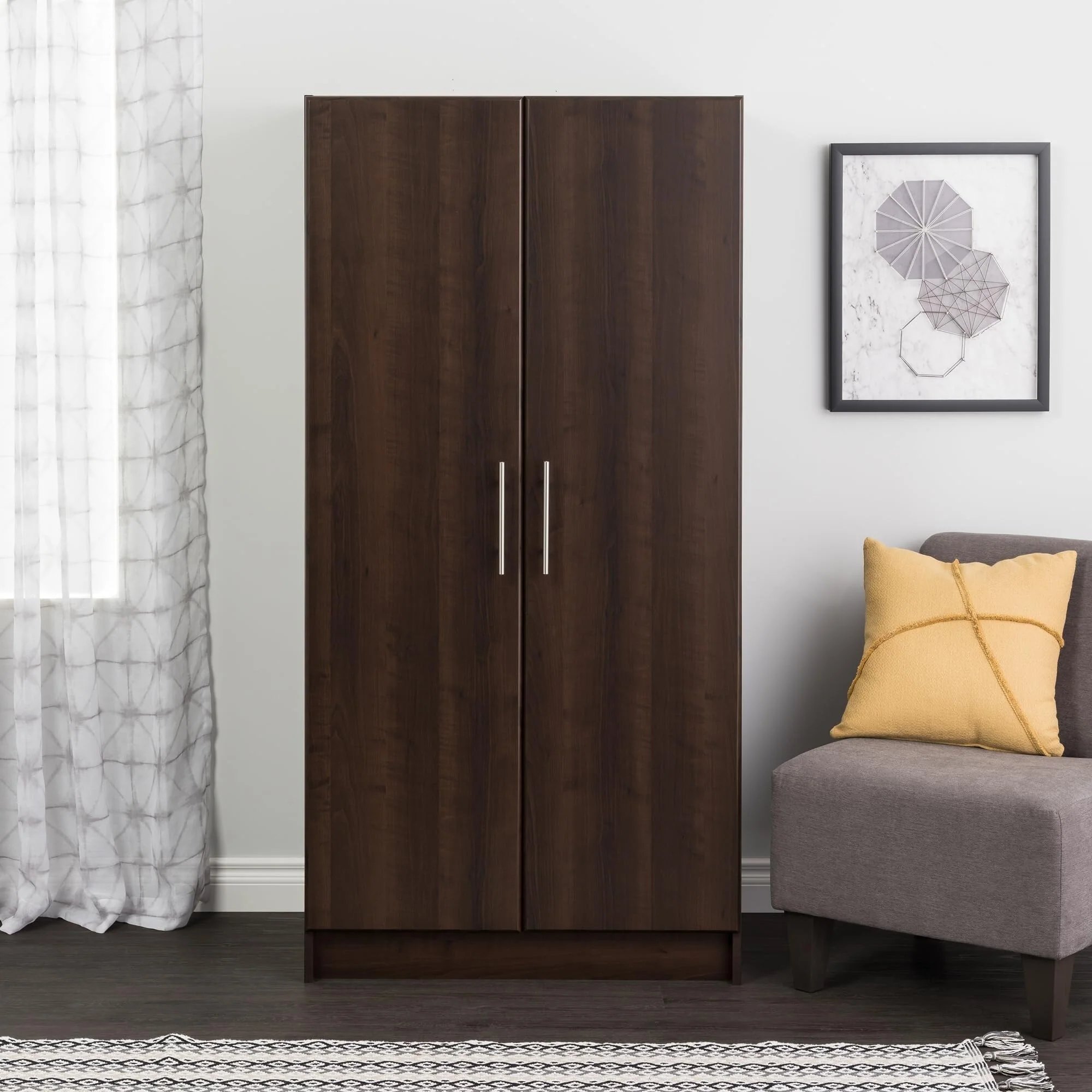 32 Brown Storage Cabinet - Closet Wardrobe with Hanging Rail & Shelves, Linen Cabinet (24.5Dx32Wx65H)