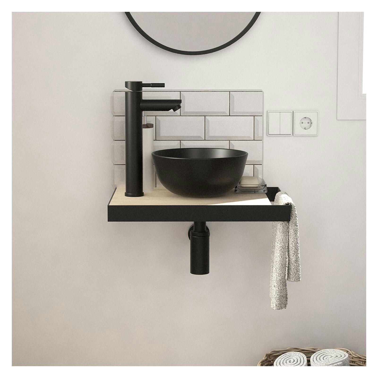 SOHO - Meuble lave-mains  plan fin p-serviette côté vasque noire + robinet