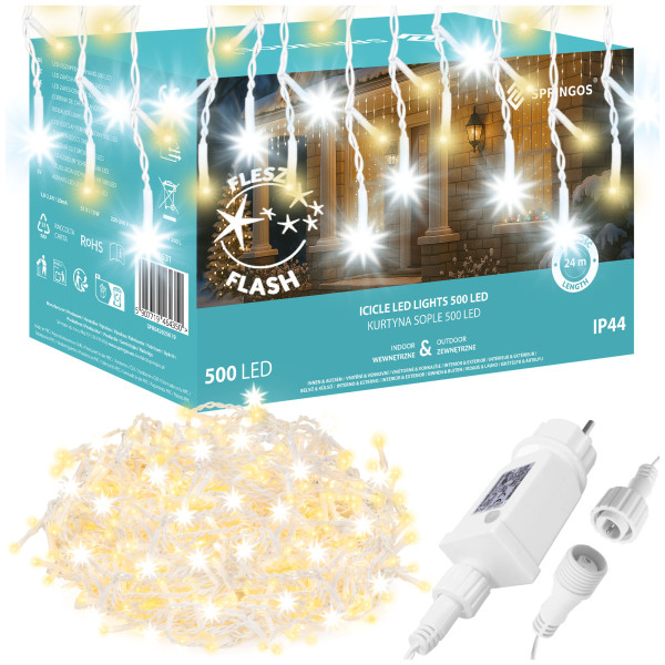 Kurtyna świetlna 500 led girlanda lampki zew. 24 m biały ciepły