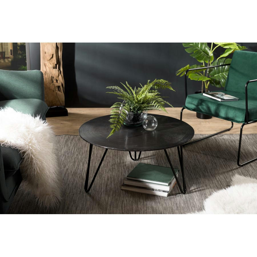 JONAS - Table basse ronde aluminium noir pieds épingles métal noir D75