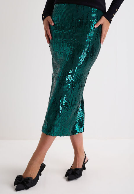 Womens Green Sequin Midi Skirt