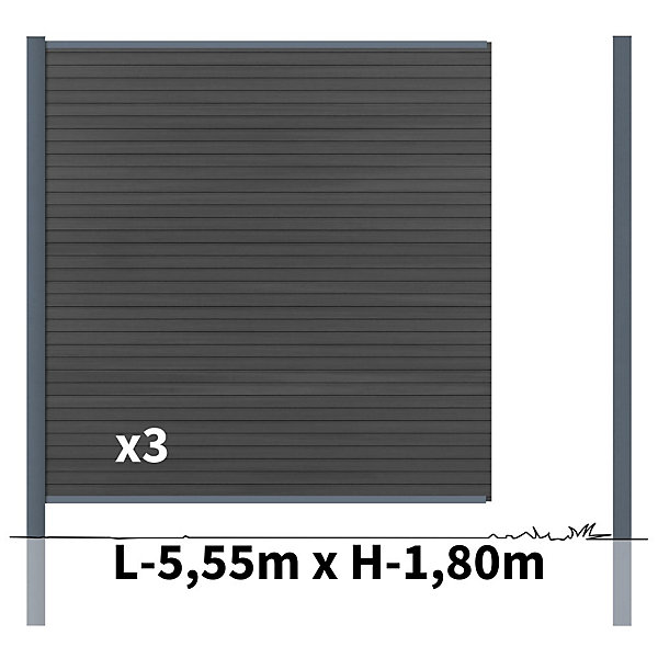 Kit Clôture Bois Composite Ardoise 5,5x1,8m SANTOS - Poteaux en Aluminium Gris - Brise Vue - Palissade
