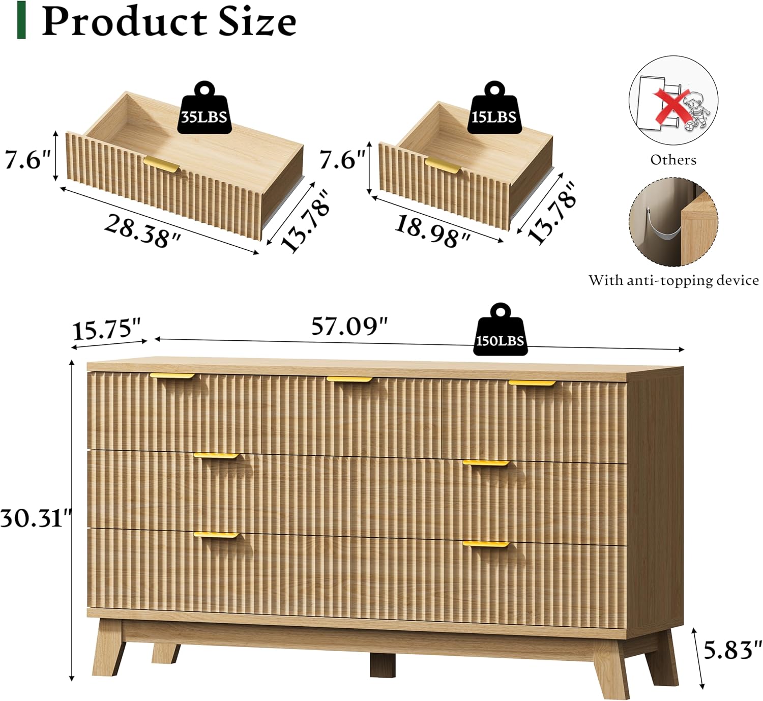 Fluted Dresser with 7 Drawers, 58 Wide Modern Chest of Drawers with Metal Handle, Wooden Dresser TV Stand, Wood Closet Clothes Storage Organizer for Bedroom, Living Room, Hallway, Natural Oak