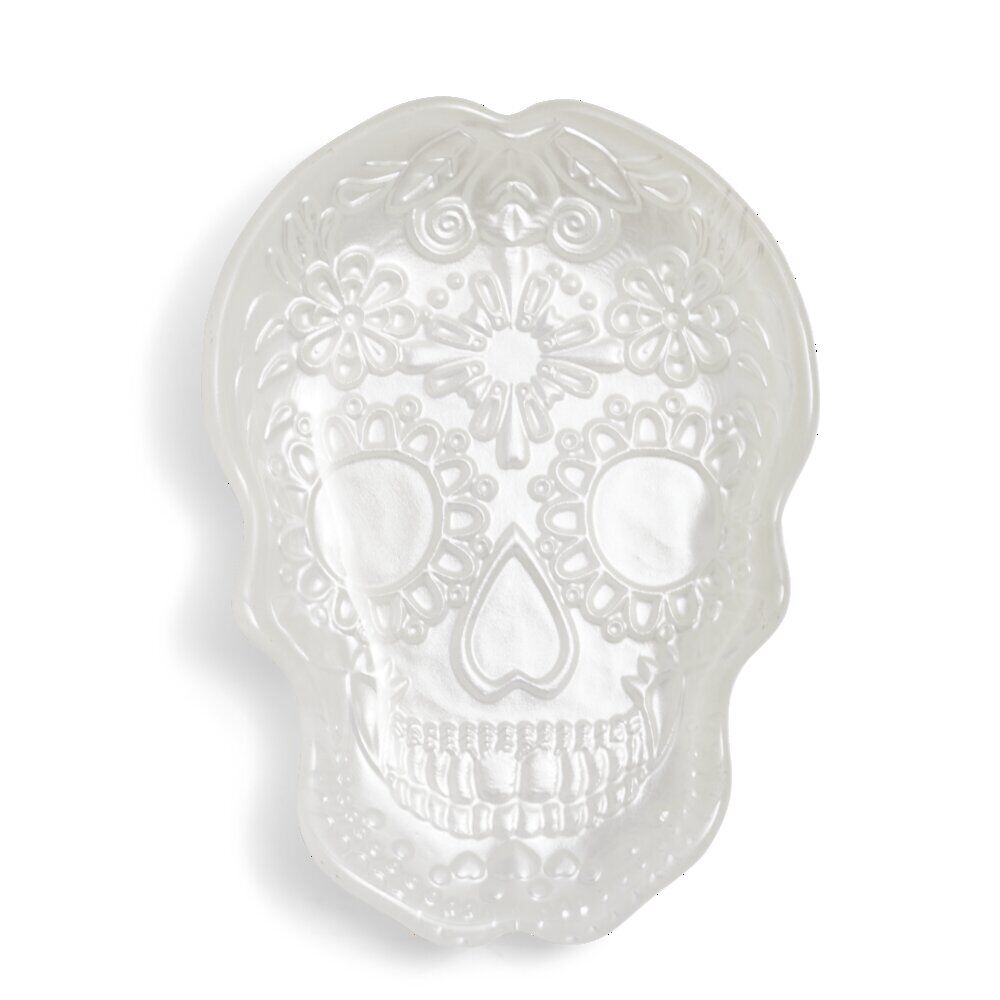 Plat Halloween tête de mort mexicaine en verre blanc 15x11xH2cm