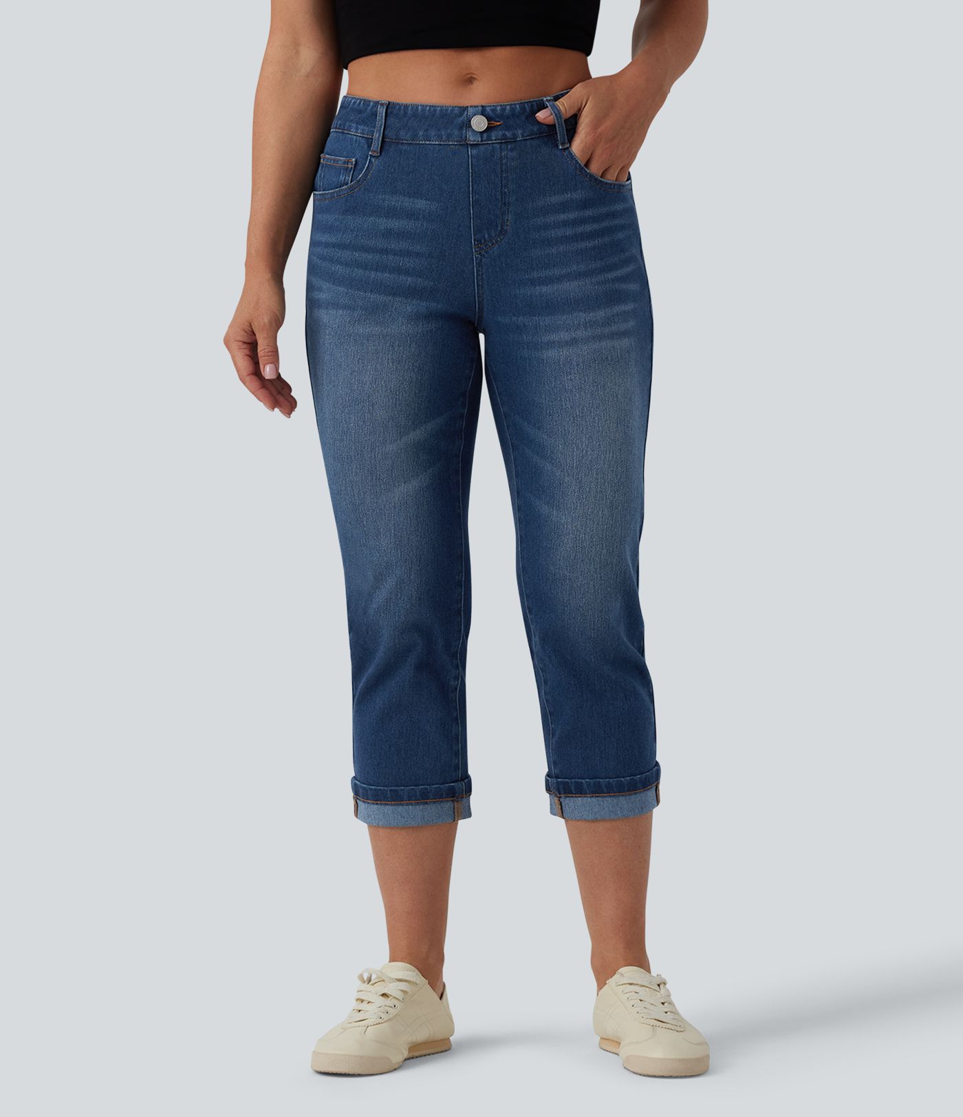 Halara Flex™ Jean casual raccourci taille basse à ourlet retroussé, avec poches