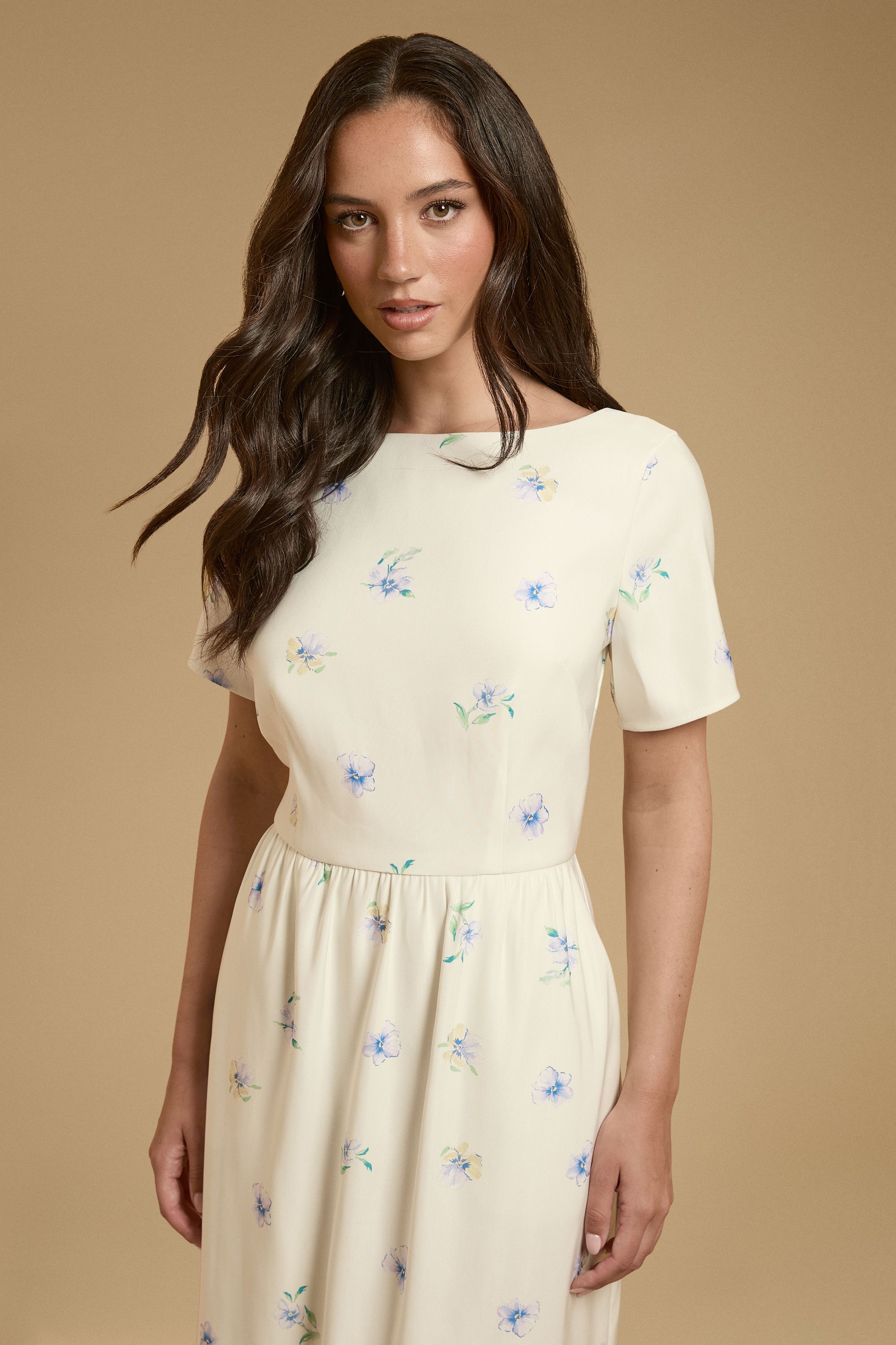Oasis Pansy Print Ottoman Twill Midaxi Dress With Bow