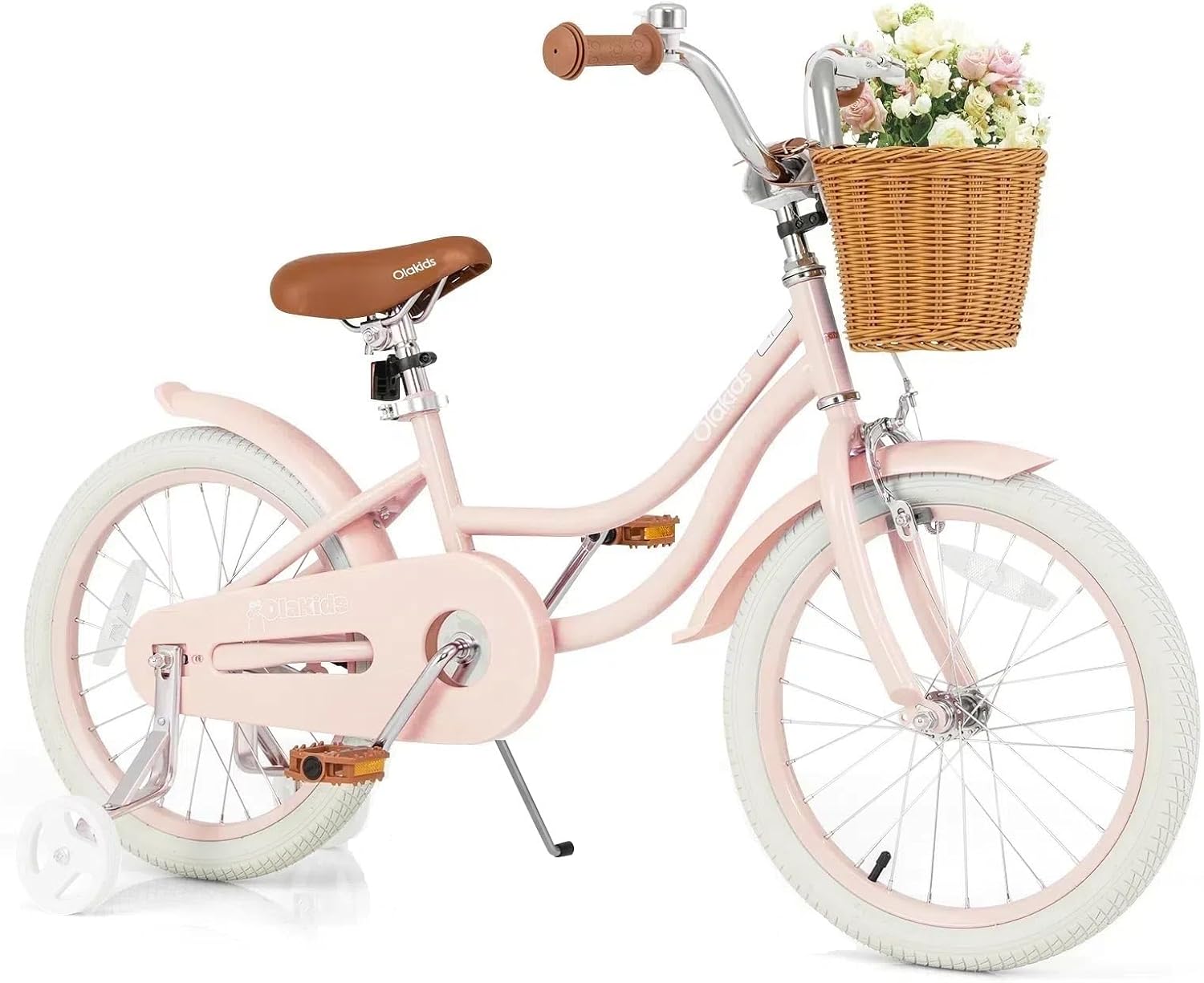Olakids Kids Bike, 12 14 16 18 20 Inch Toddlers Bike with Training Wheels Rattan Basket Safety Bell Adjustable Seat and Handlebar, Children's Bicycle for Girls Boys