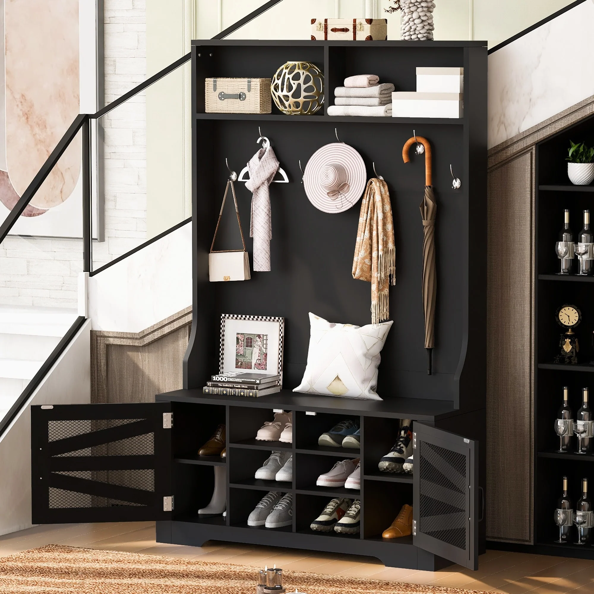 43.3 Entryway Bench with Coat Rack, 3-in-1 Design and Adjustable Shelves, Hall Tree with 7 Hooks for Entrance, Living Room