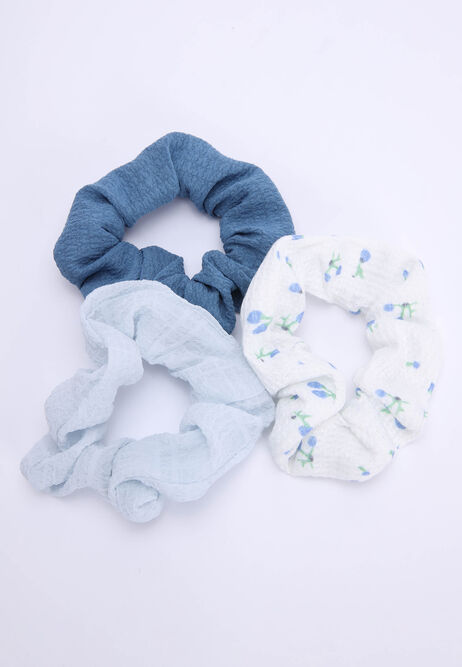 Womens 3pk Blue Floral Scrunchies