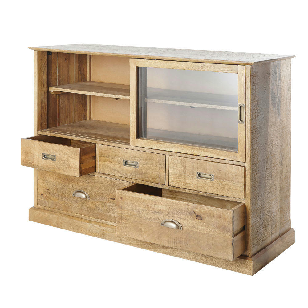 Cezanne - Cabinet de rangement 2 portes en verre et 5 tiroirs