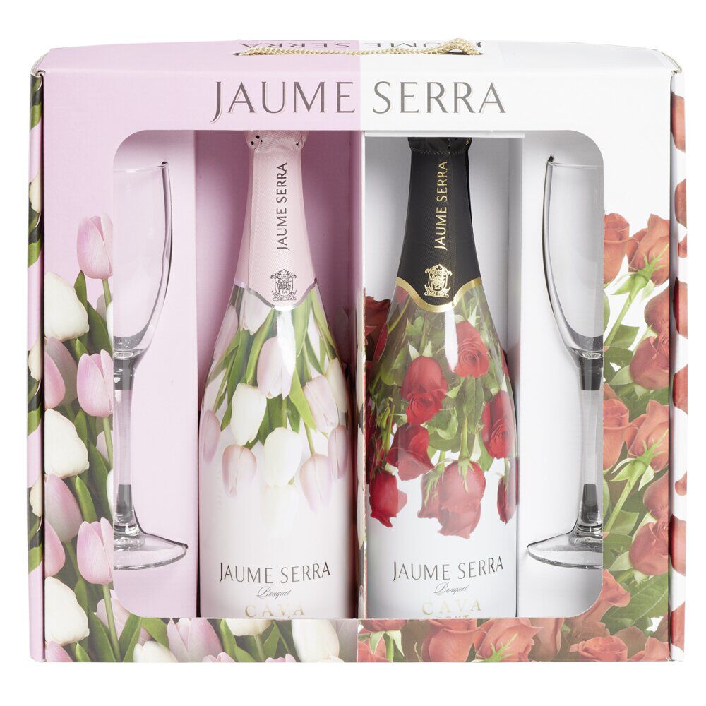 Coffret vin pétillant Cava Jaume Serra bouquet 2 bouteilles brut et rosé avec fl&ucirc;tes 2x75cl