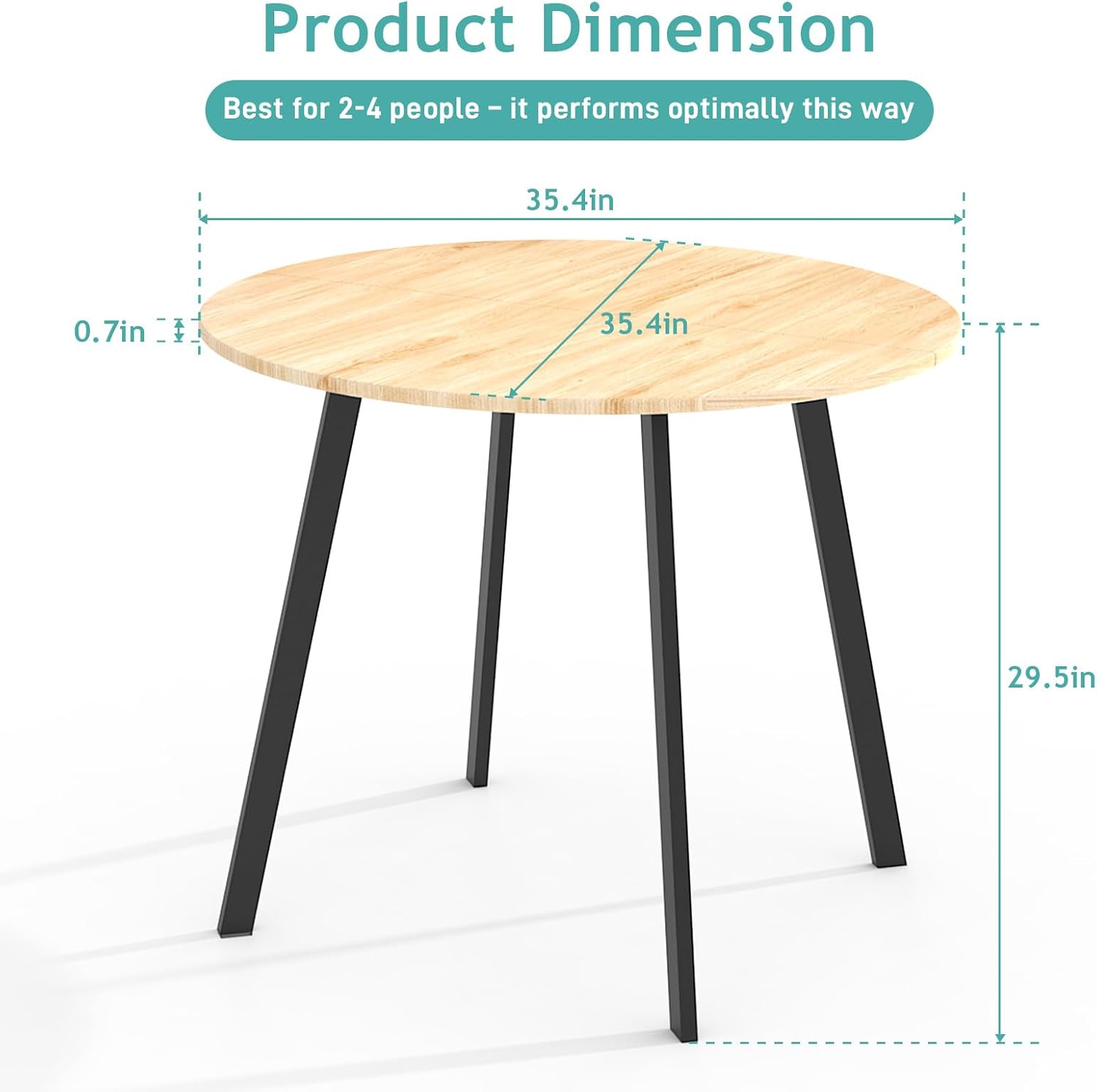 Karl home 35.4in Small Dining Table, Round Dining Table with Wood Finish Steel Legs, Circle Dinner Tables for Small Space, Apartment, Office, Kitchen, for 2 to 4 Person-Natural
