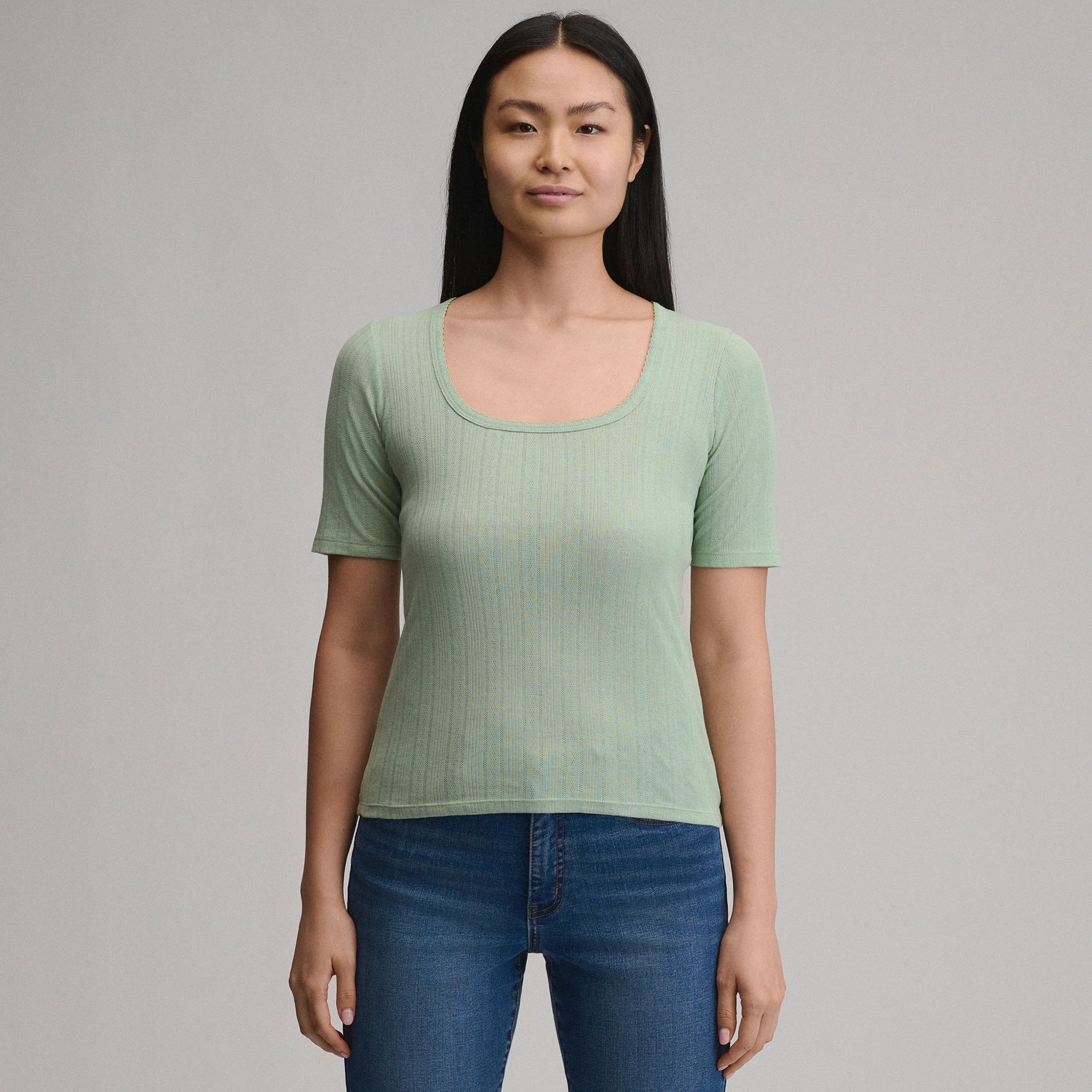 Women's Short-Sleeve Pointelle Square-Neck Crew