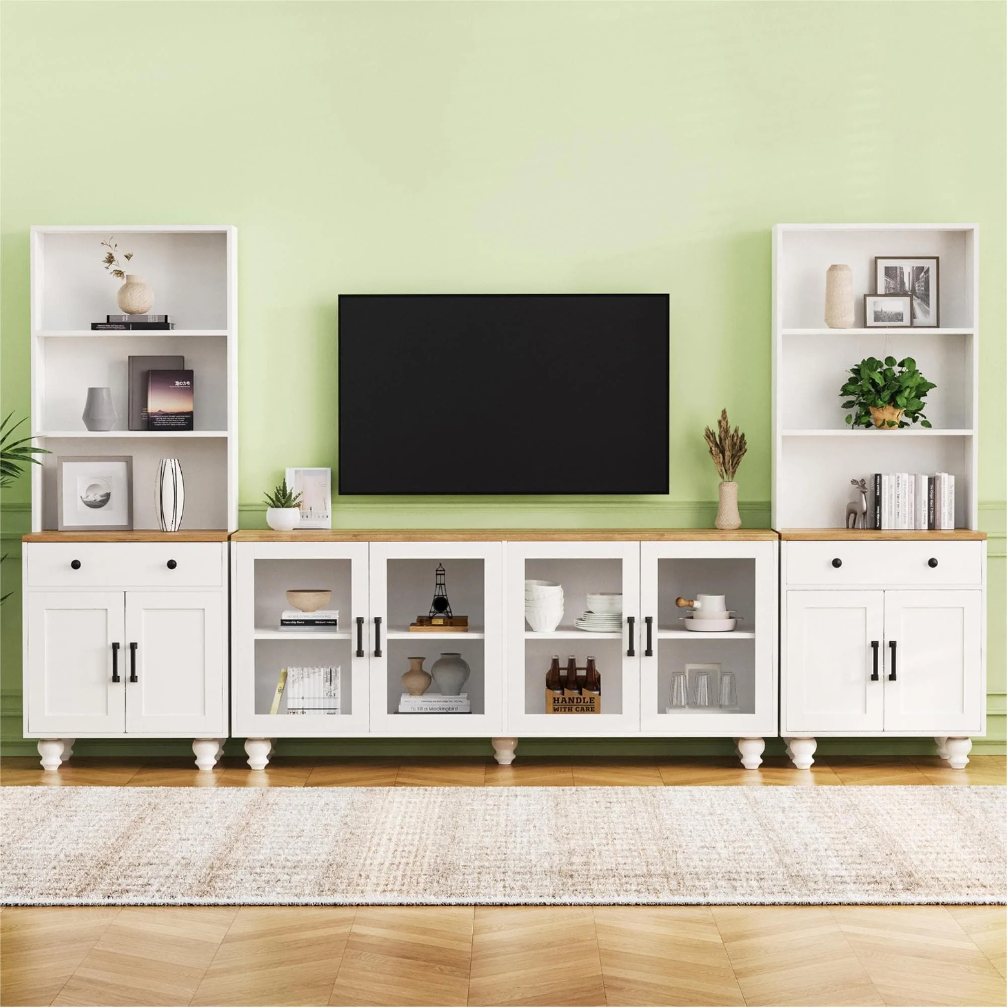 110-Inch Solid Wood Gourd-Shaped Legs Farmhouse TV Stand,Entertainment Center with Adjustable Shelves