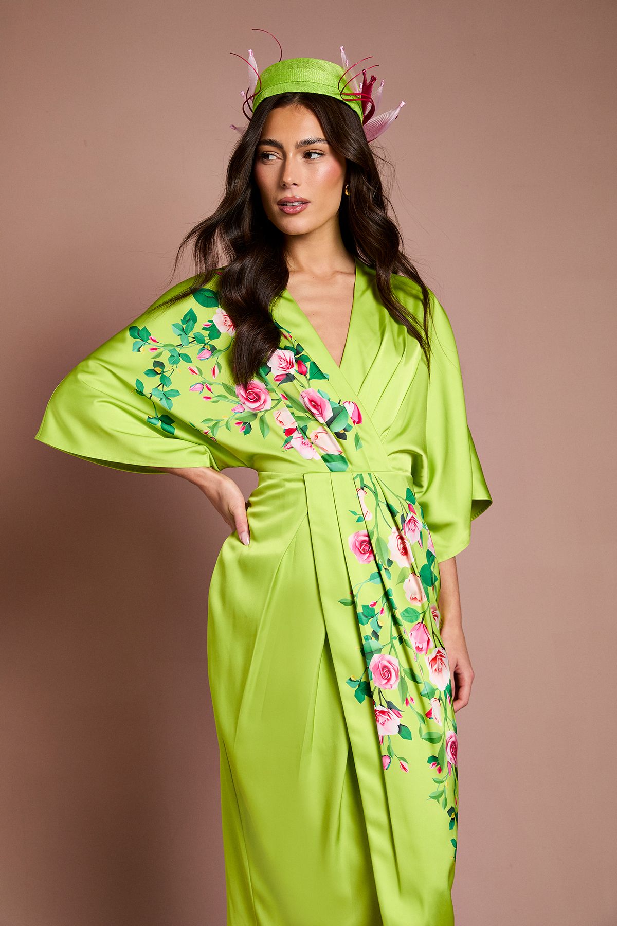 Coast Lisa Tan Printed Kimono Crepe Midi Dress