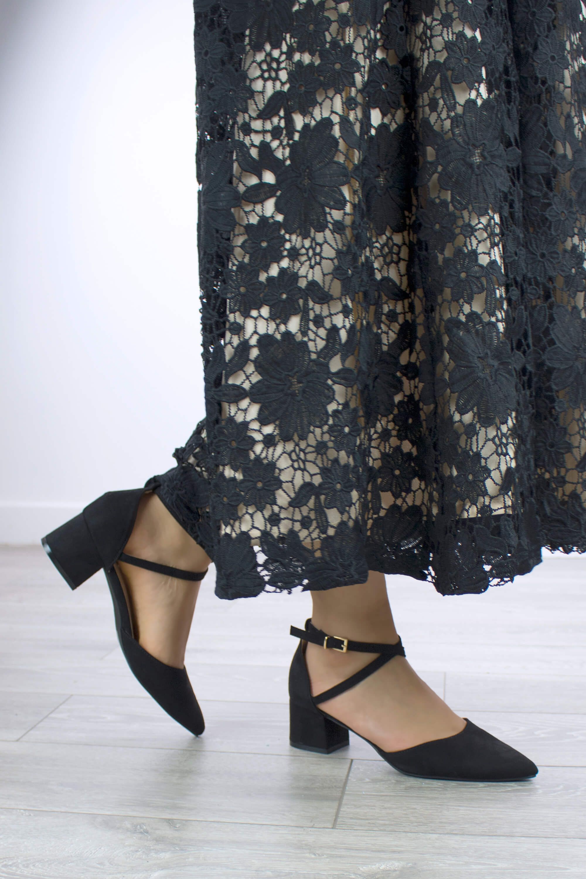 AJVANI Mid Block Heel Faux Suede Pointed Toe Evening Party Strappy Shoes