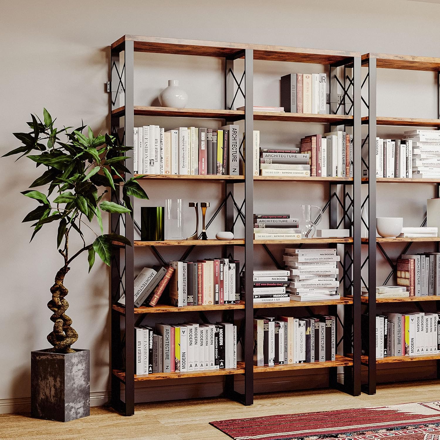 IRONCK Bookshelf Double Wide 6-Tier 76 H, Open Large Bookcase, Industrial Style Shelves, Wood and Metal Bookshelves for Home Office, Easy Assembly